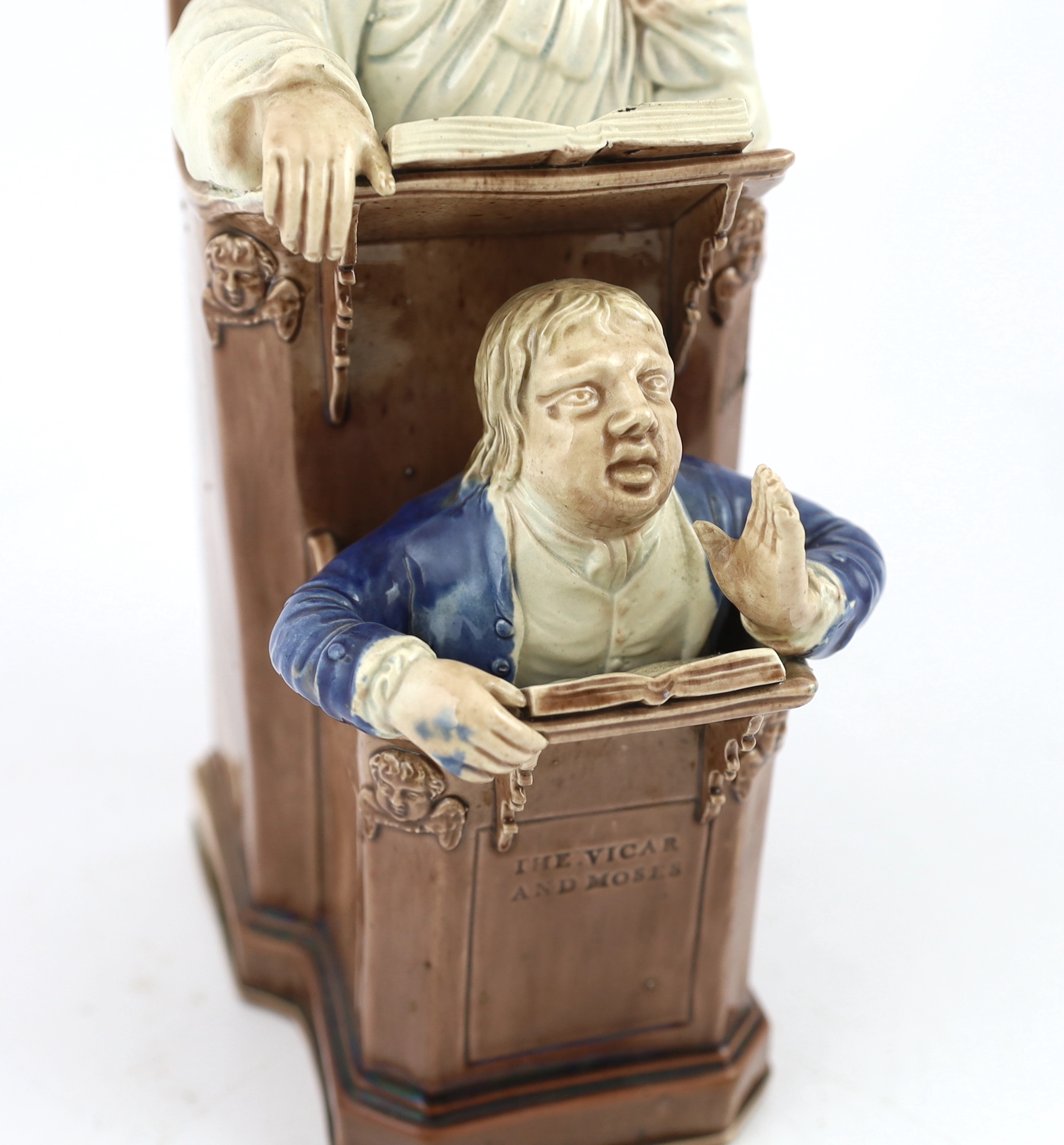 A Ralph Wood type creamware Vicar and Moses group, c.1790, hairline crack to back of pulpit